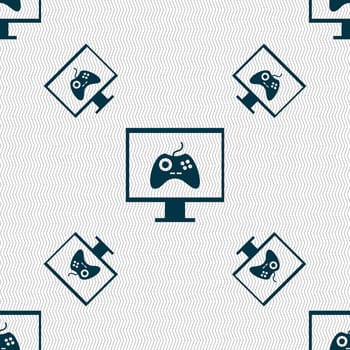 Joystick and monitor sign icon. Video game symbol. Seamless pattern with geometric texture. illustration