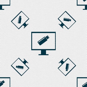 usb flash drive and monitor sign icon. Video game symbol. Seamless pattern with geometric texture. illustration