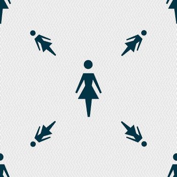 Female sign icon. Woman human symbol. Women toilet. Seamless pattern with geometric texture. illustration