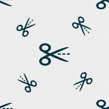 Scissors with cut dash dotted line sign icon. Tailor symbol. Seamless pattern with geometric texture. illustration