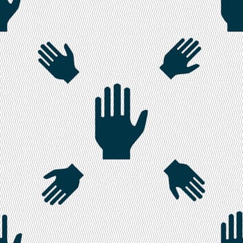 Hand print sign icon. Stop symbol. Seamless pattern with geometric texture. illustration