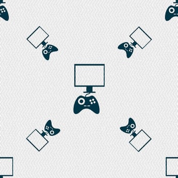 Joystick and monitor sign icon. Video game symbol. Seamless pattern with geometric texture. illustration