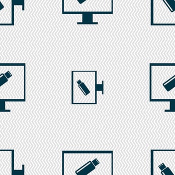 usb flash drive and monitor sign icon. Video game symbol. Seamless abstract background with geometric shapes. illustration