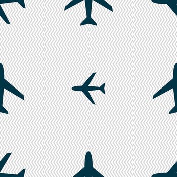 Airplane sign. Plane symbol. Travel icon. Flight flat label. Seamless abstract background with geometric shapes. illustration