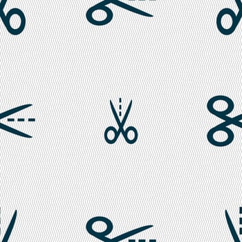 Scissors with cut dash dotted line sign icon. Tailor symbol. Seamless abstract background with geometric shapes. illustration