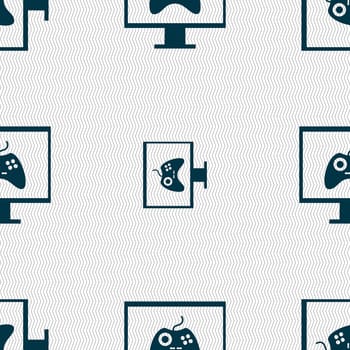 Joystick and monitor sign icon. Video game symbol. Seamless abstract background with geometric shapes. illustration