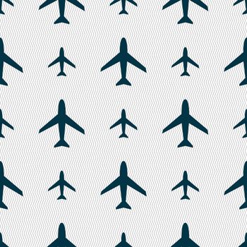 Airplane sign. Plane symbol. Travel icon. Flight flat label. Seamless abstract background with geometric shapes. illustration
