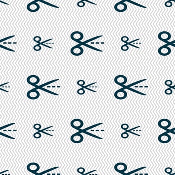 Scissors with cut dash dotted line sign icon. Tailor symbol. Seamless abstract background with geometric shapes. illustration