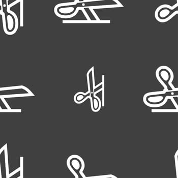 scissors icon sign. Seamless pattern on a gray background. illustration