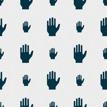 Hand print sign icon. Stop symbol. Seamless abstract background with geometric shapes. illustration