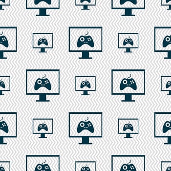 Joystick and monitor sign icon. Video game symbol. Seamless abstract background with geometric shapes. illustration