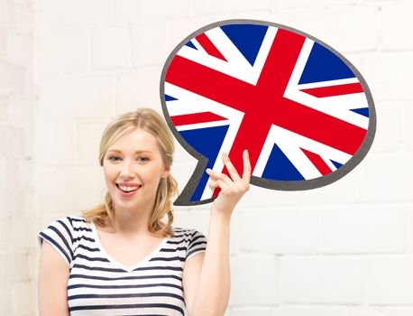 education, fogeign language, english, people and communication concept - smiling woman holding text bubble of british flag