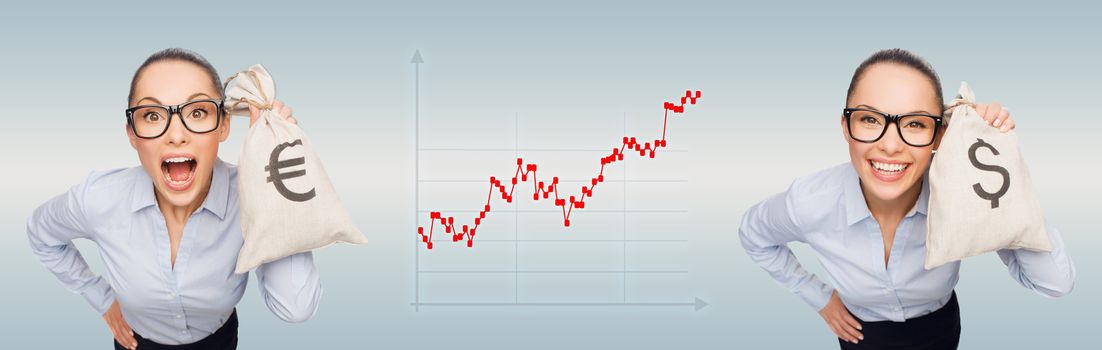 business, money and people concept - smiling businesswomen in eyeglasses holding money bags with dollar and euro over gray background with forex graph