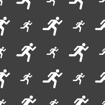 running man icon sign. Seamless pattern on a gray background. illustration