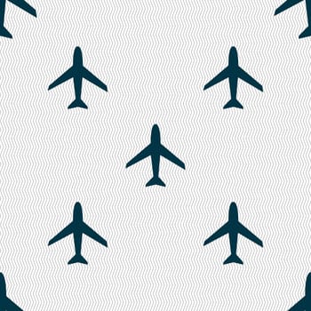 Airplane sign. Plane symbol. Travel icon. Flight flat label. Seamless abstract background with geometric shapes. illustration