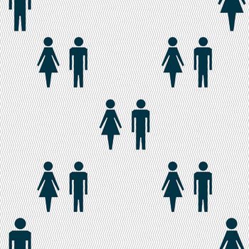 WC sign icon. Toilet symbol. Male and Female toilet. Seamless abstract background with geometric shapes. illustration