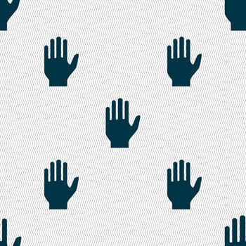 Hand print sign icon. Stop symbol. Seamless abstract background with geometric shapes. illustration