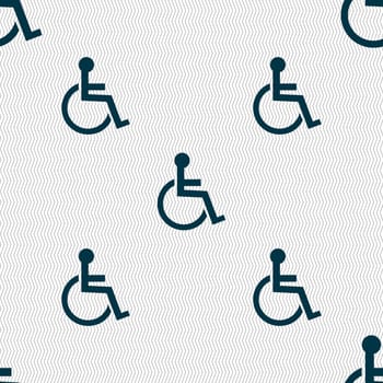 Disabled sign icon. Human on wheelchair symbol. Handicapped invalid sign. Seamless abstract background with geometric shapes. illustration