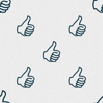 Like sign icon. Thumb up sign. Hand finger up. Seamless abstract background with geometric shapes. illustration