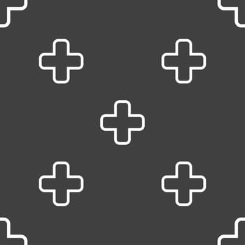 Plus icon sign. Seamless pattern on a gray background. illustration