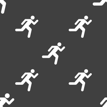 running man icon sign. Seamless pattern on a gray background. illustration