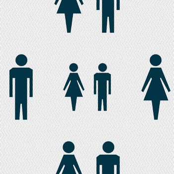 WC sign icon. Toilet symbol. Male and Female toilet. Seamless abstract background with geometric shapes. illustration