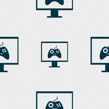 Joystick and monitor sign icon. Video game symbol. Seamless abstract background with geometric shapes. illustration