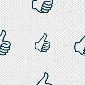 Like sign icon. Thumb up sign. Hand finger up. Seamless abstract background with geometric shapes. illustration