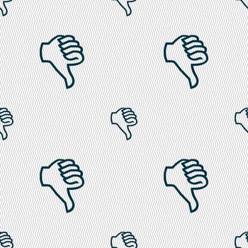 Dislike sign icon. Thumb down sign. Hand finger down symbol. Seamless abstract background with geometric shapes. illustration