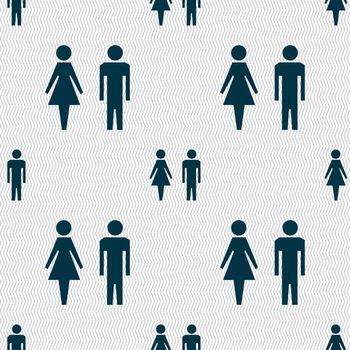 WC sign icon. Toilet symbol. Male and Female toilet. Seamless abstract background with geometric shapes. illustration