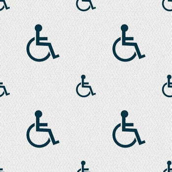 Disabled sign icon. Human on wheelchair symbol. Handicapped invalid sign. Seamless abstract background with geometric shapes. illustration