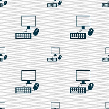 Computer widescreen monitor, keyboard, mouse sign icon. Seamless abstract background with geometric shapes. illustration
