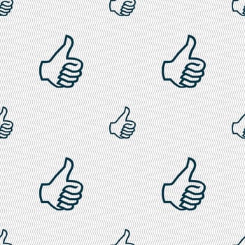 Like sign icon. Thumb up sign. Hand finger up. Seamless abstract background with geometric shapes. illustration