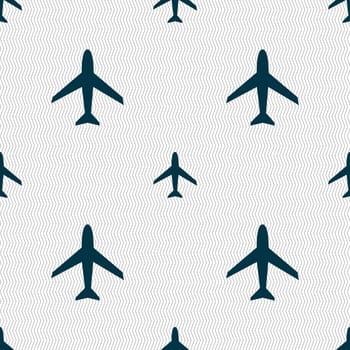 Airplane sign. Plane symbol. Travel icon. Flight flat label. Seamless abstract background with geometric shapes. illustration