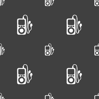 MP3 player, headphones, music icon sign. Seamless pattern on a gray background. illustration