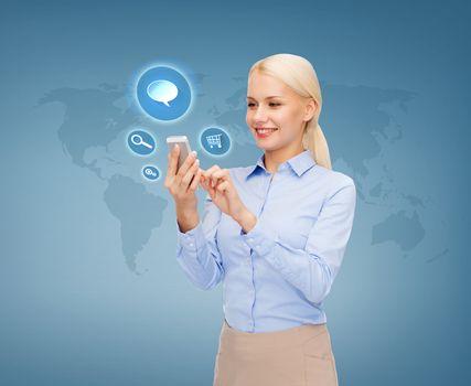 business, technology and internet concept - businesswoman with smartphone over blue background