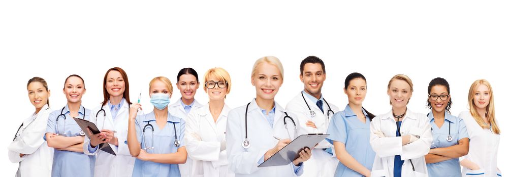 healthcare and medicine concept - smiling female doctors and nurses with stethoscope