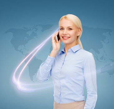 business, technology and internet concept - businesswoman with smartphone over blue background