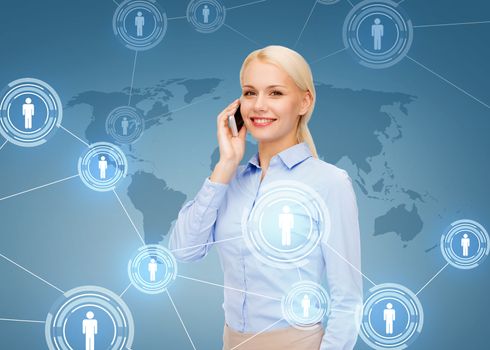 business, technology and internet concept - businesswoman with smartphone over blue background