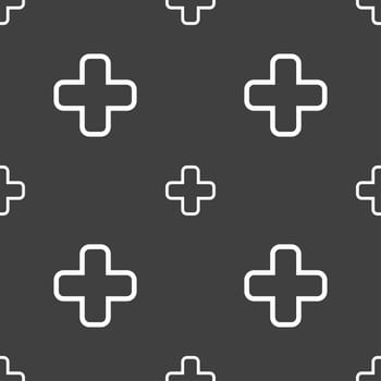 Plus icon sign. Seamless pattern on a gray background. illustration