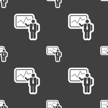 businessman making report icon sign. Seamless pattern on a gray background. illustration