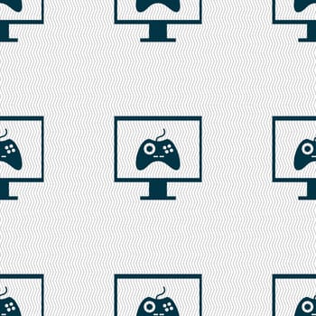 Joystick and monitor sign icon. Video game symbol. Seamless abstract background with geometric shapes. illustration