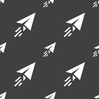 Paper airplane icon sign. Seamless pattern on a gray background. illustration