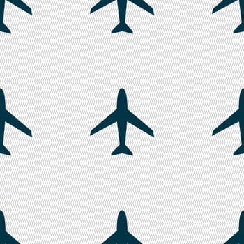 Airplane sign. Plane symbol. Travel icon. Flight flat label. Seamless abstract background with geometric shapes. illustration