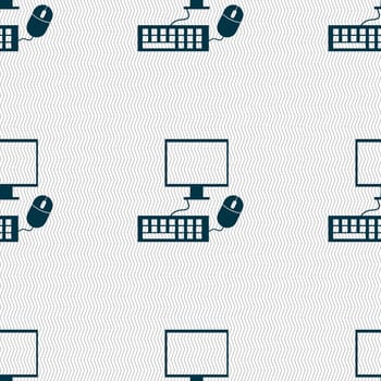 Computer widescreen monitor, keyboard, mouse sign icon. Seamless abstract background with geometric shapes. illustration