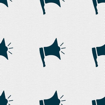 Megaphone soon icon. Loudspeaker symbol. Seamless abstract background with geometric shapes. illustration