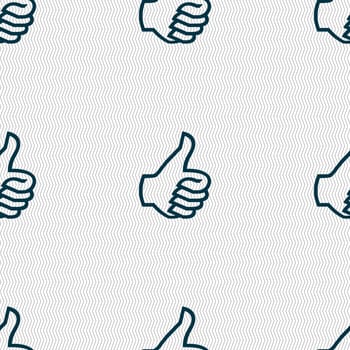 Like sign icon. Thumb up sign. Hand finger up. Seamless abstract background with geometric shapes. illustration