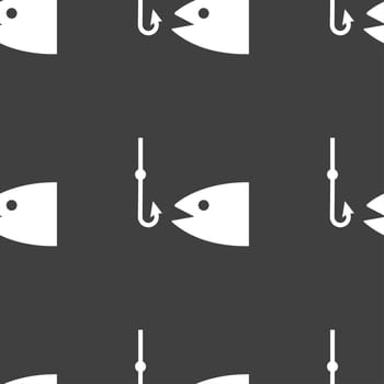 Fishing icon sign. Seamless pattern on a gray background. illustration