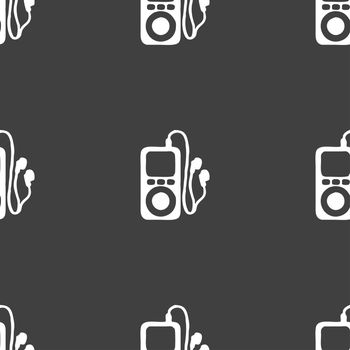 MP3 player, headphones, music icon sign. Seamless pattern on a gray background. illustration