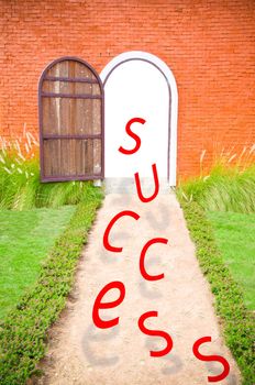 Wording SUCCESS to the door on orange color background, Success concept.